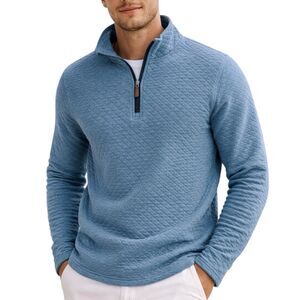 J Crew‎ Pullover Sweater Mens M Blue Quarter Zip Quilted Knit Mock Neck BS847